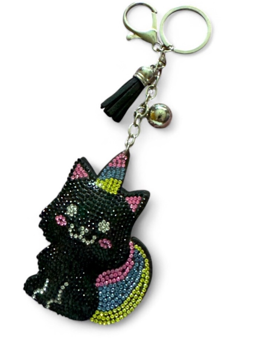 Black Cat Unicorn Rhinestone Keychain or purse Charm - Pink Blue Yellow